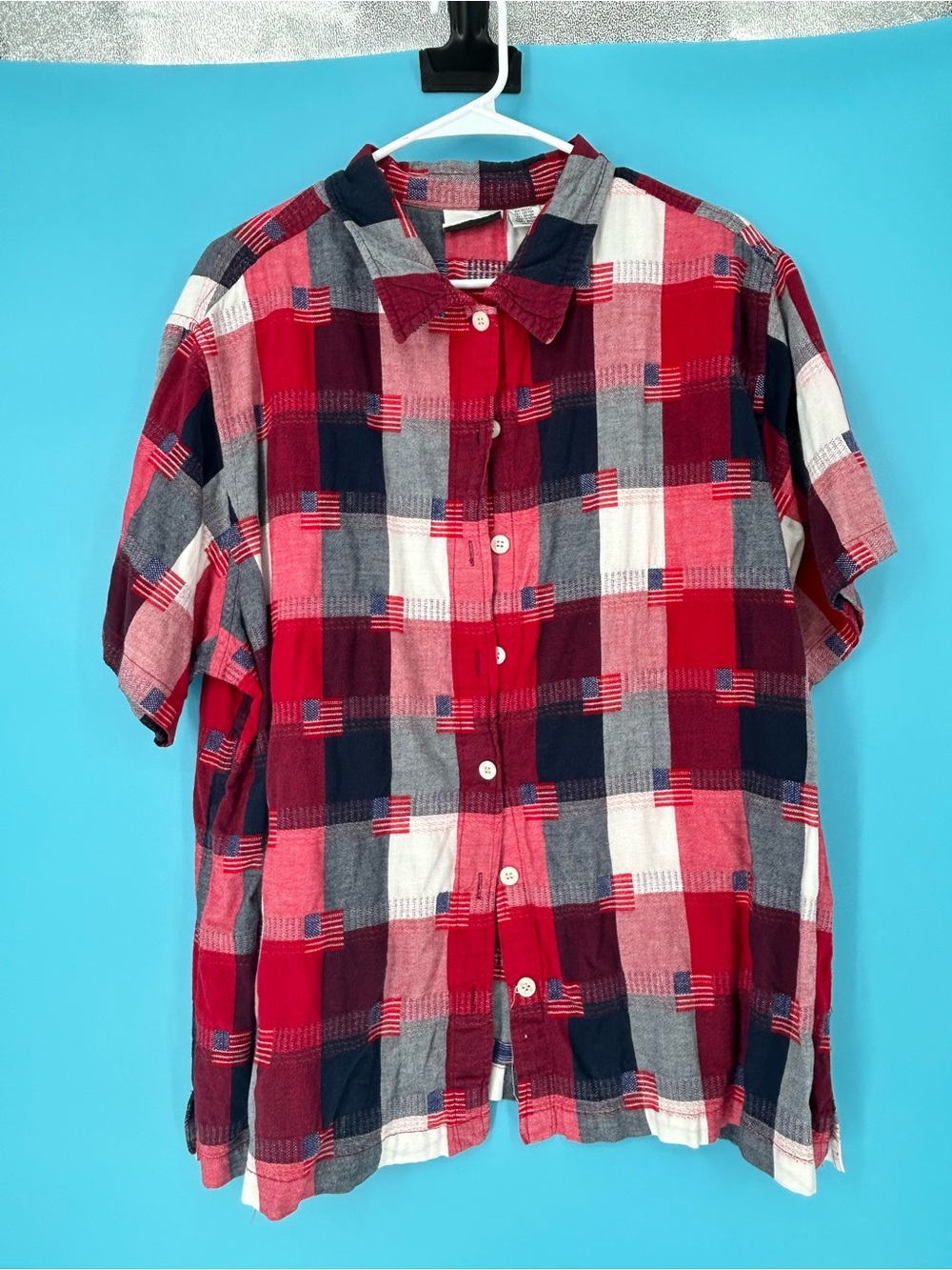 Fashion Bug Women's Short-Sleeve Plaid Button-Down Shirt - Red, Navy & Gray